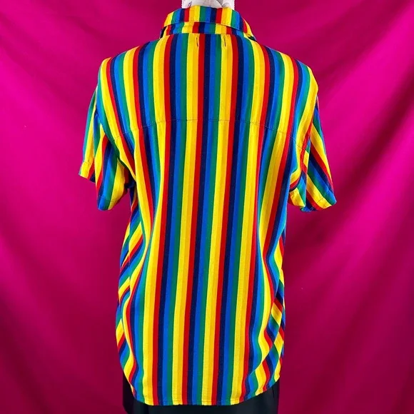 A.LAB Rainbow Striped Button Up Short Sleeve Shirt XS Gay Pride Colorful Kidcore - Picture 4 of 17